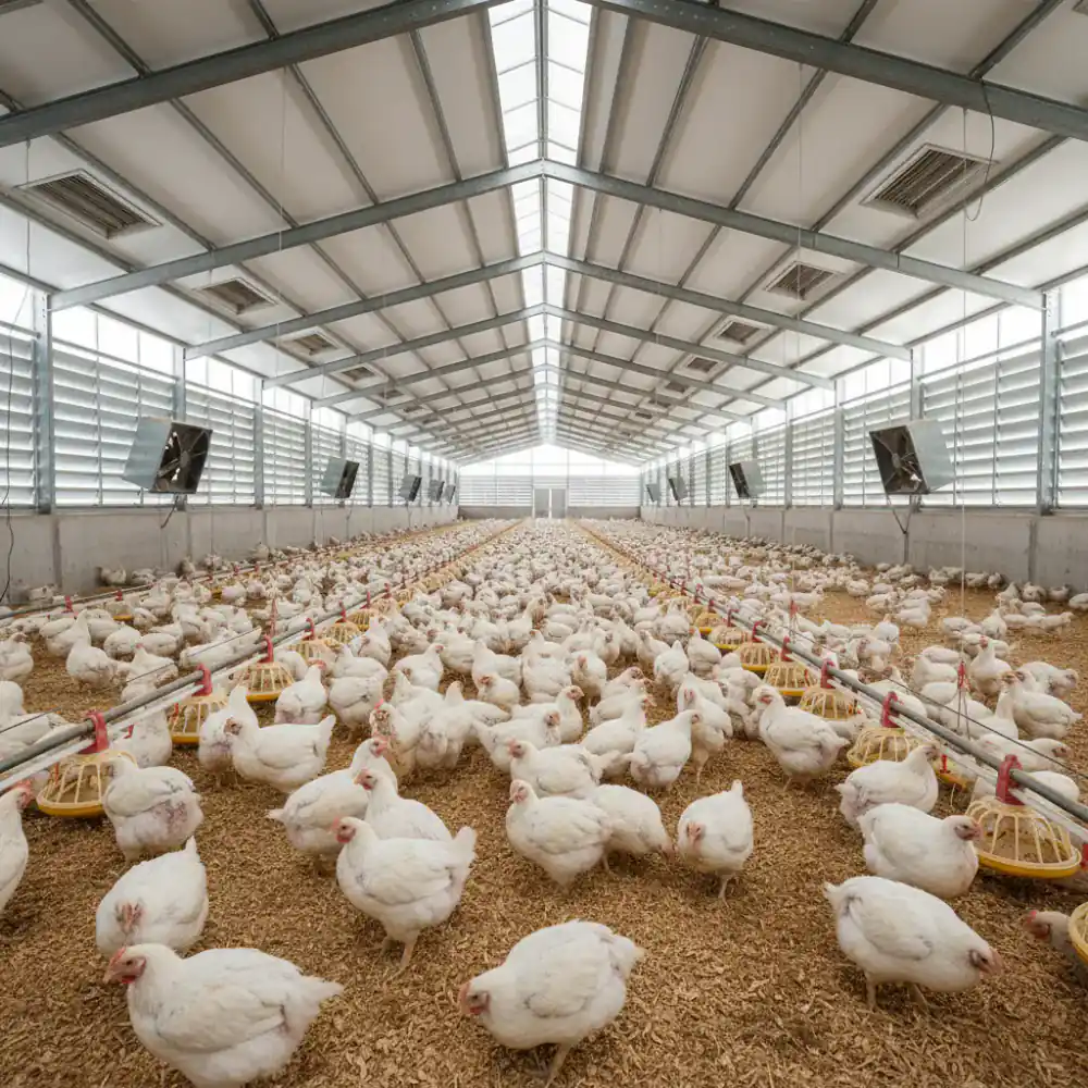 Spacious ventilated poultry house with healthy broilers