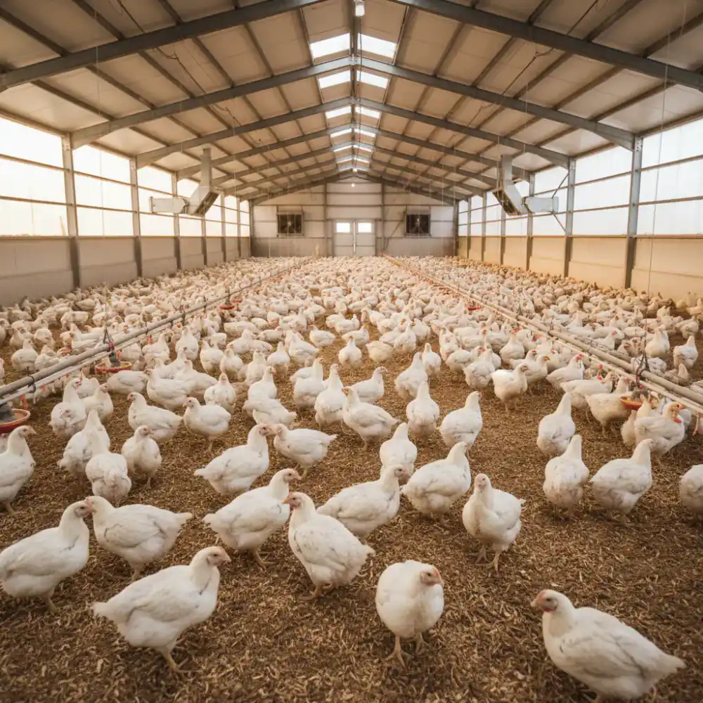 Healthy broiler flock in ventilated house