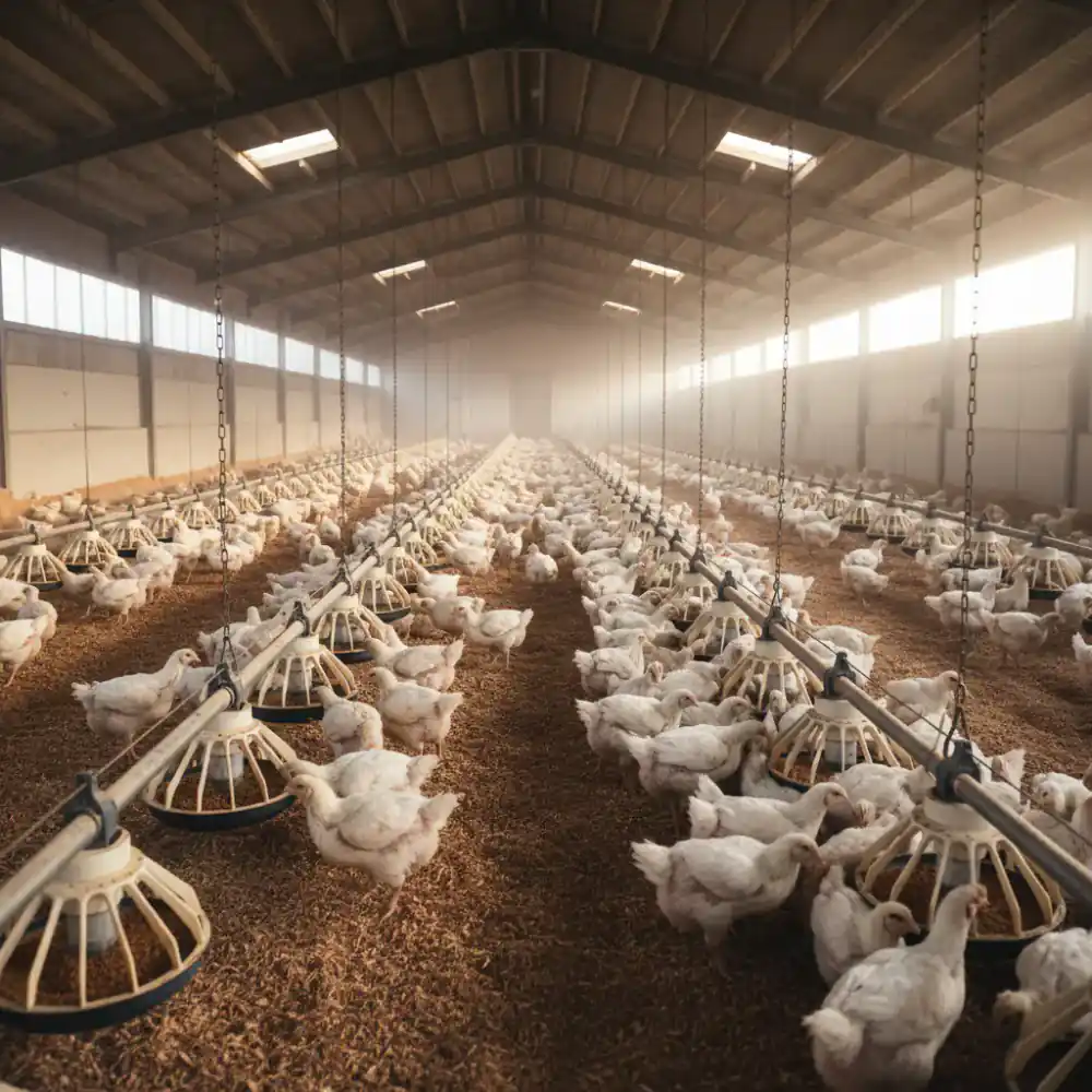 Commercial broiler feeding systems in operation